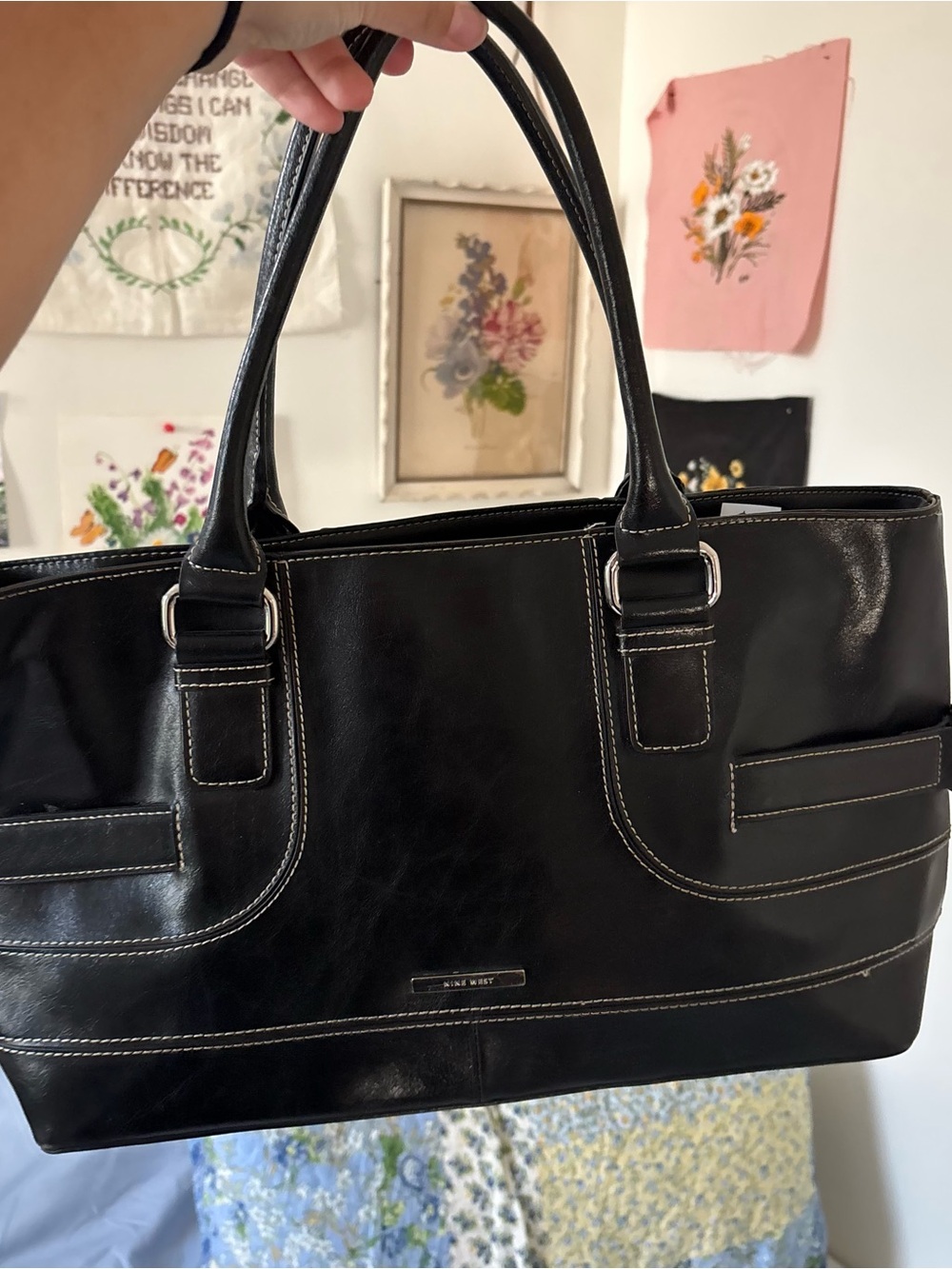Nine West Black Leather Tote shoulder Bag purse